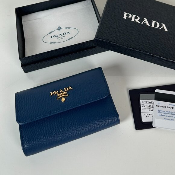 Prada Blue Saffiano Compact Wallet Leather Card Holder - Picture 1 of 9
